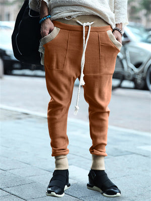 Trendy Contrast Color Drawstring Knitted Casual Pants for Men