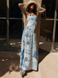 Women's Geometry Print Blue Square Neck Strappy Dress