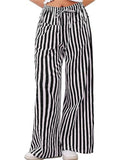 Women's Summer Contrast Color Striped Mid-Rise Drawstring Wide Leg Pants