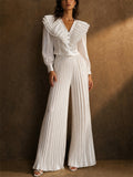 Women Satin Pleated Wide Leg High Waist Palazzo Pants