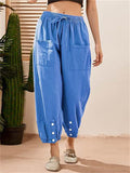 Women's Cotton Linen Buttoned Hem Pants with Pockets