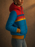Women Retro Rainbow Stripe Hooded Puffer Jacket Winter Coat