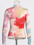 High Neck Painted Style Print Long Sleeve Shirt for Women