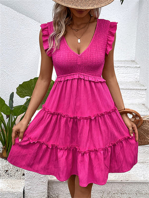 Sexy V Neck High-Rise Ruffle Mini Dress