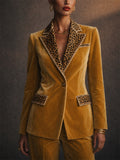 Women Elegant Velvet Leopard Print Trim Tailored Blazers