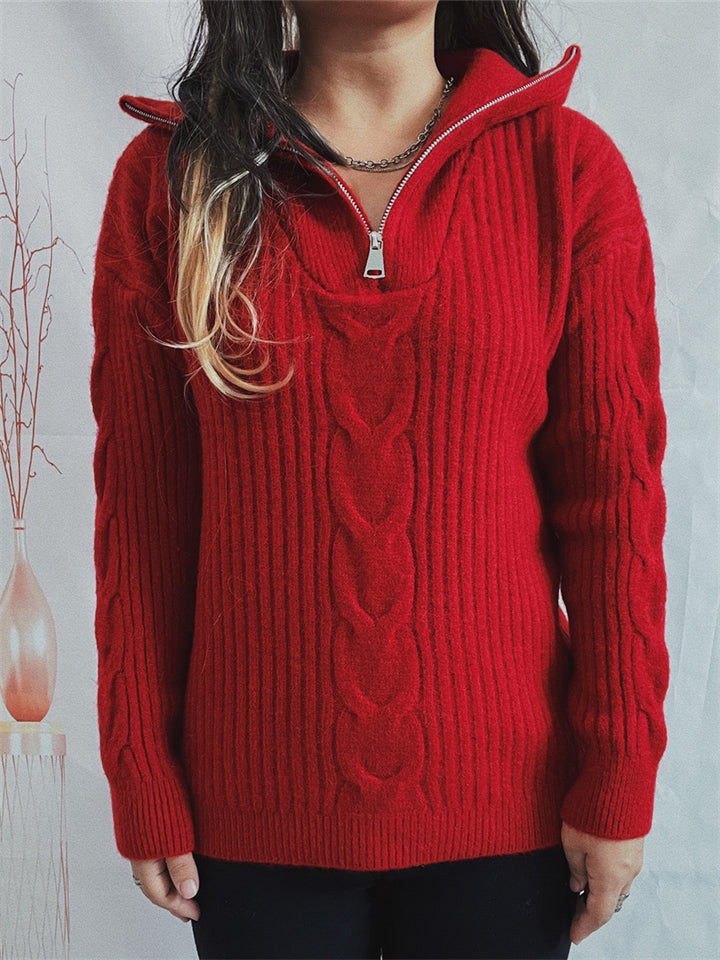 Women's Solid Color Crochet Zip Up Pullover Lapel Sweater