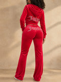 Women Velvet Y2K 2 Piece Set Hoodie and Flare Pants Tracksuit