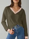 Women's Simple Contrast Trim V Neck Long Sleeve Sweatshirts