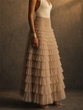 Womens High Waisted Tiered Tulle Layered Mesh Ruffle Maxi Skirts