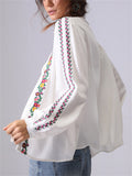 French Style Floral Embroidery Lapel Long-sleeve Blouse