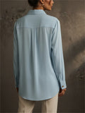 Women Light Blue Long Sleeve Button Down Work Blouse Shirts