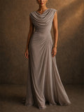 Women Elegant Draped Cowl Neck Ruched Formal Evening Maxi Dress