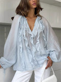 Women's French Style See Through Ruffle V-Neck Blouses