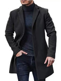 Male's Solid Color Single Breasted Lapel Button Up Mid-Length Coat