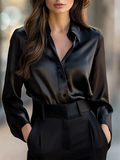 Women's Autumn Elegant Long-sleeved V Neck Lapel Button-up Blouses