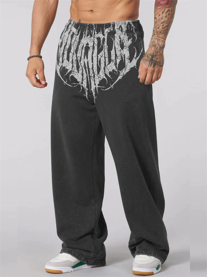 Men's Casual Printed Sports Elastic Waist Wide Leg Straight Trousers