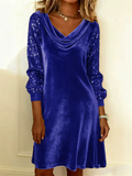 Autumn Women's Velvet Long Sleeve Sequins Patchwork Cowl Neck Shift Dress