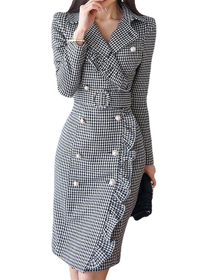 Women's Trendy Houndstooth Double-breasted Dress with Belt