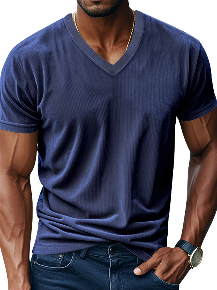Men's Causal Solid Color Corduroy V Neck Short Sleeve Shirts