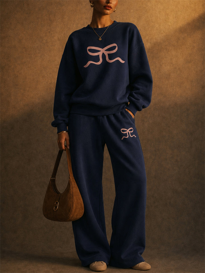 Women Bow Coquette 2 Piece Sweatshirt Wide Leg Pants Set