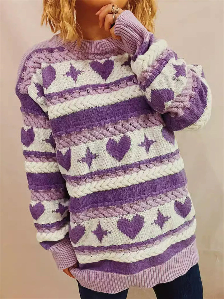 Women's Heart Shape Jacquard Round Neck Pullover Long Sleeve Sweaters