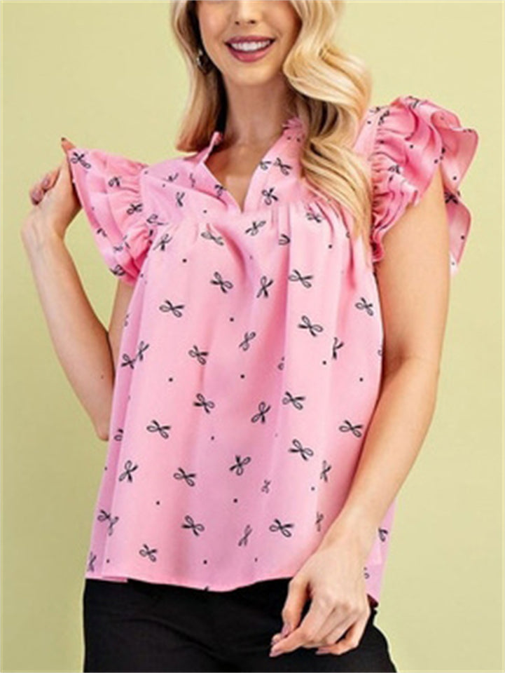Women's Sweet Style Bow Tie Print V Neck Ruffled Sleeve Shirts