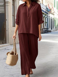 Women's 2Pcs Solid Color Casual Lapel Long Sleeve Shirt &Pants Set