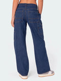 Women's Retro Solid Color Mid-Rise Cargo Straight Denim Pants