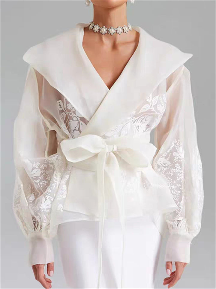 Women's French Style Elegant Lapel Long-sleeve Semi Transparent Blouses