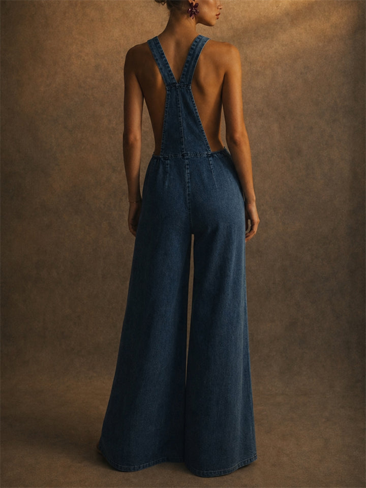 Women Denim Overalls Wide Leg Backless Bib Jumpsuit with Pocket