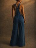 Women Denim Overalls Wide Leg Backless Bib Jumpsuit with Pocket