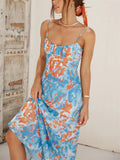 Female Spaghetti Strap French Style Printed Low-cut Dress