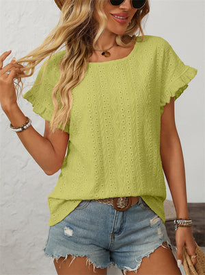 Women's Summer Hollow Macaron Color Round Neck Short Sleeve Shirts