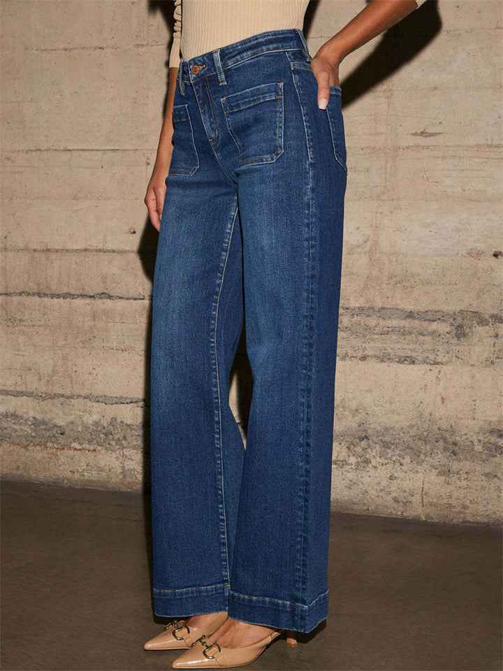 Women's Autumn Vintage Blue Front Pockets Straight Denim Pants