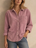 Women Corduroy Button Down Shirt Long Sleeve Pocket Casual Blouse