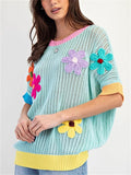Women's Summer 3D Flower Short Sleeve Knit Sweater T Shirt