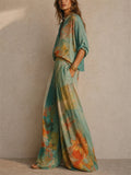 Women Boho Holiday Floral 2 Piece Set Shirt Wide Leg Pants Outfit