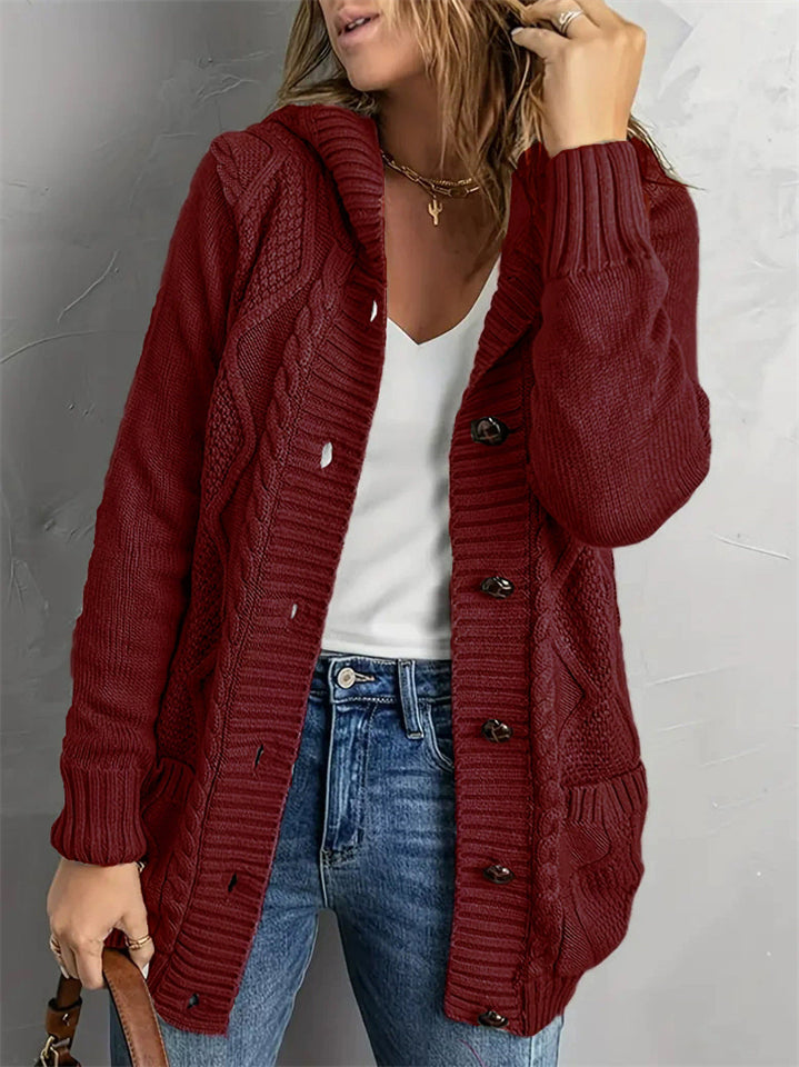 Women's Solid Color Twisted Pockets Hooded Cardigan Sweaters