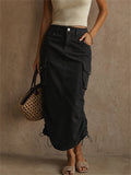 Women High Waist Elastic Ruched Jean Cargo Denim Midi Skirts