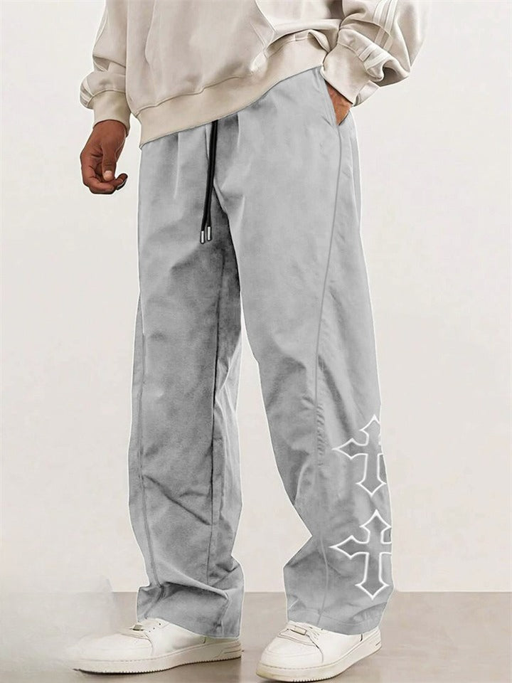 Men's Casual Loose Fit Trousers with White Cross Print Side Stripes