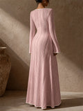 Women Contrast Trim Square Neck Flare Sleeve Textured Knit Maxi Dress
