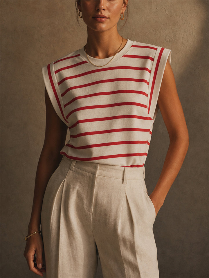 Women Summer Nautical Style Striped Shoulder Pad Muscle Tank Top
