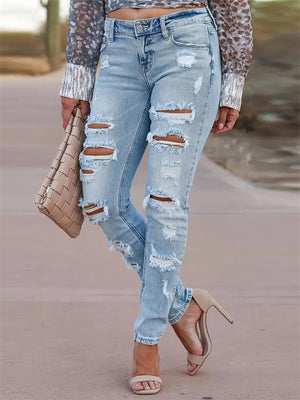 Personality Slim Fit Ripped Light Blue Jeans for Ladies