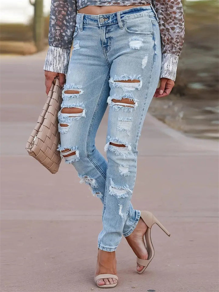 Personality Slim Fit Ripped Light Blue Jeans for Ladies