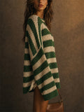 Women Contrast Color Striped Oversized Chunky Crochet Knit Sweaters