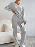 Women's Comfy V Neck Long Sleeve Ribbed Knit Top & Pants Outfits