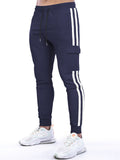 Men Striped Drawstring Tapered Cargo Joggers Sweatpants