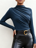 ‌Women's Elegant Pleated Slim Fit High-Neck Ruched Long Sleeve Shirts