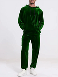 Men's Casual Plain Color Velvet Hoodie Joggers Set with Pockets