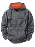 Men's Autumn Fleece Zipper Long Sleeve Cargo Pockets Cardigan Hoodie